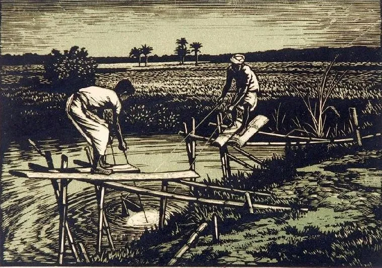 Haren Das, ‘watering contrivance’,1950, Colour wood engraving on paper, 15X23cms
