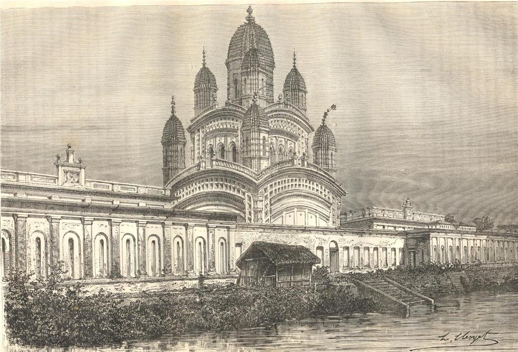 The famous Kali temple of Dakshineshwar, a wood engraving by Louis Rousselet‎